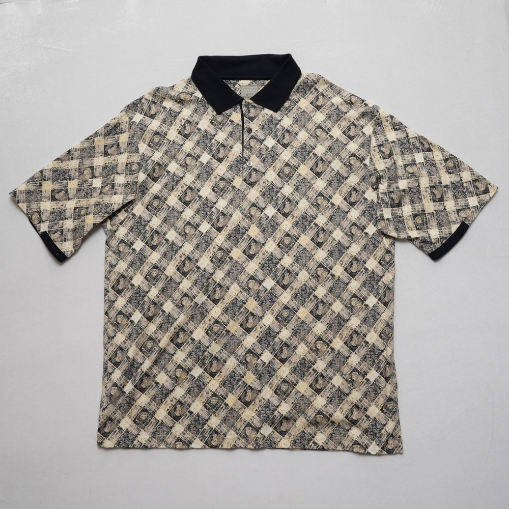 Haggar Golf Polo Shirt Men XL Beige Black Golf Club Print Short Sleeve Cotton - Picture 2 of 15